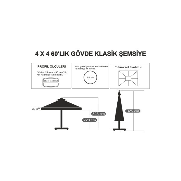 Bacalı Mermer Ayaklı Kare 4x4 Metre Dış Alan Şemsiye - Görsel 3
